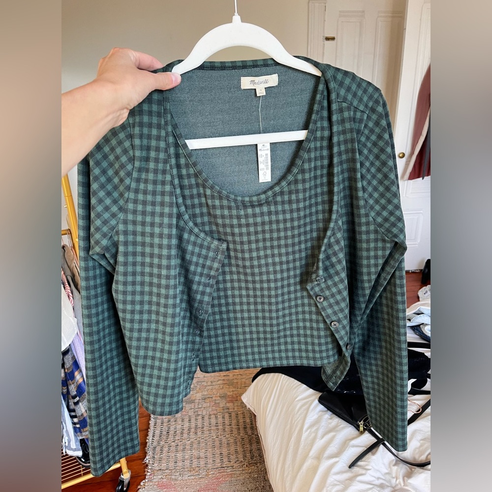 Madewell Green jacquard cardigan/tank set.